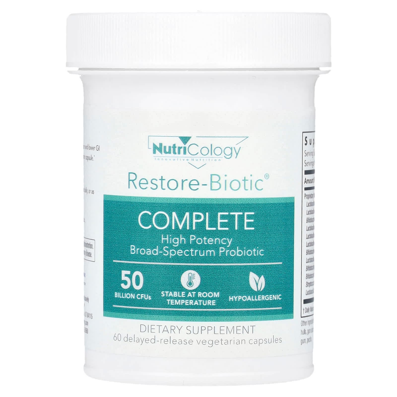 Nutricology Restore-Biotic Complete, 50 Billion CFUs, 60 Delayed-Release Vegetarian Capsules de Nutricology