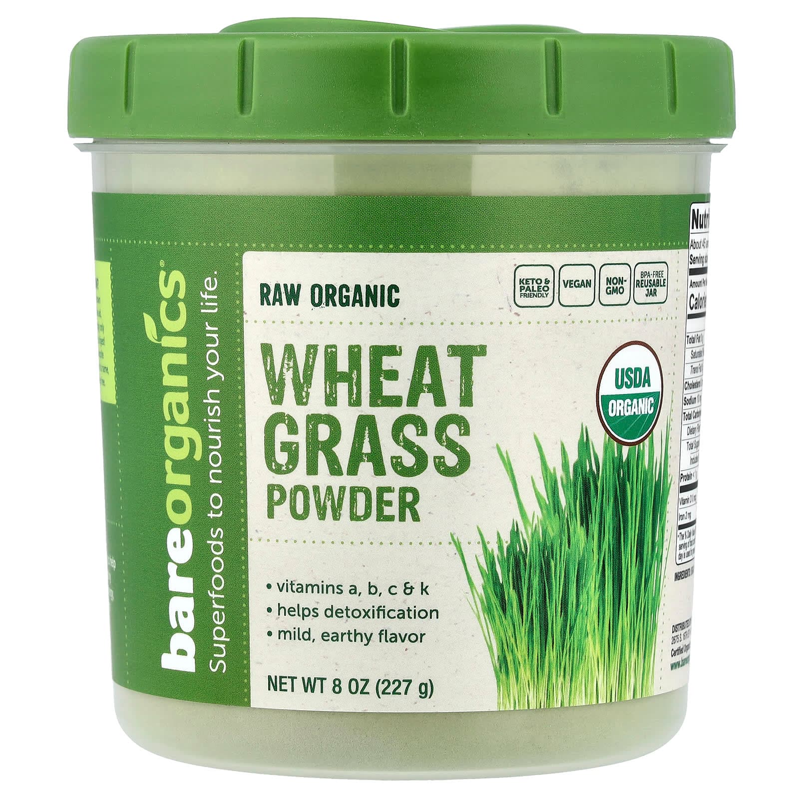 BareOrganics Raw Organic Wheatgrass Powder – 227 g de BareOrganics