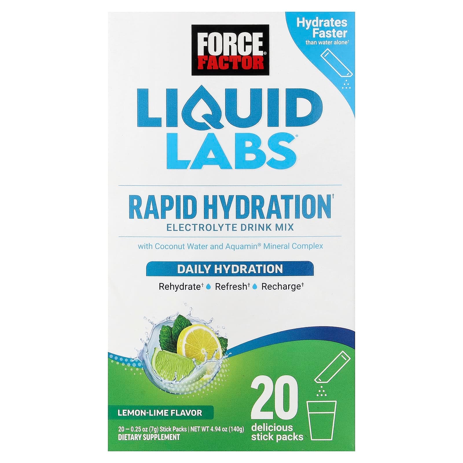 Force Factor Liquid Labs, Rapid Hydration Electrolyte Drink Mix – Lemon-Lime – 7 g de Force Factor