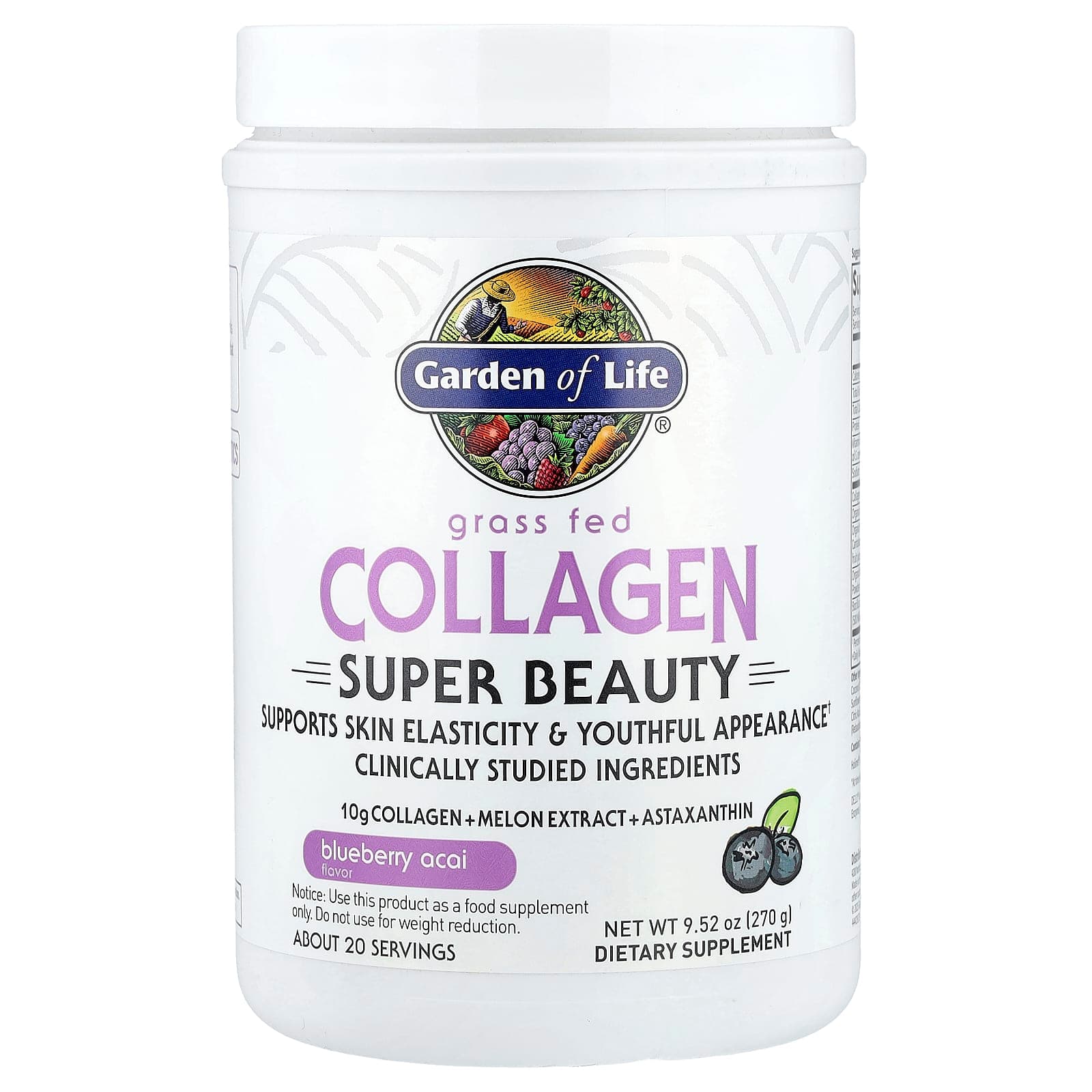 Garden of Life Grass Fed Collagen, Super Beauty – Blueberry Acai – 270 g de Garden of Life