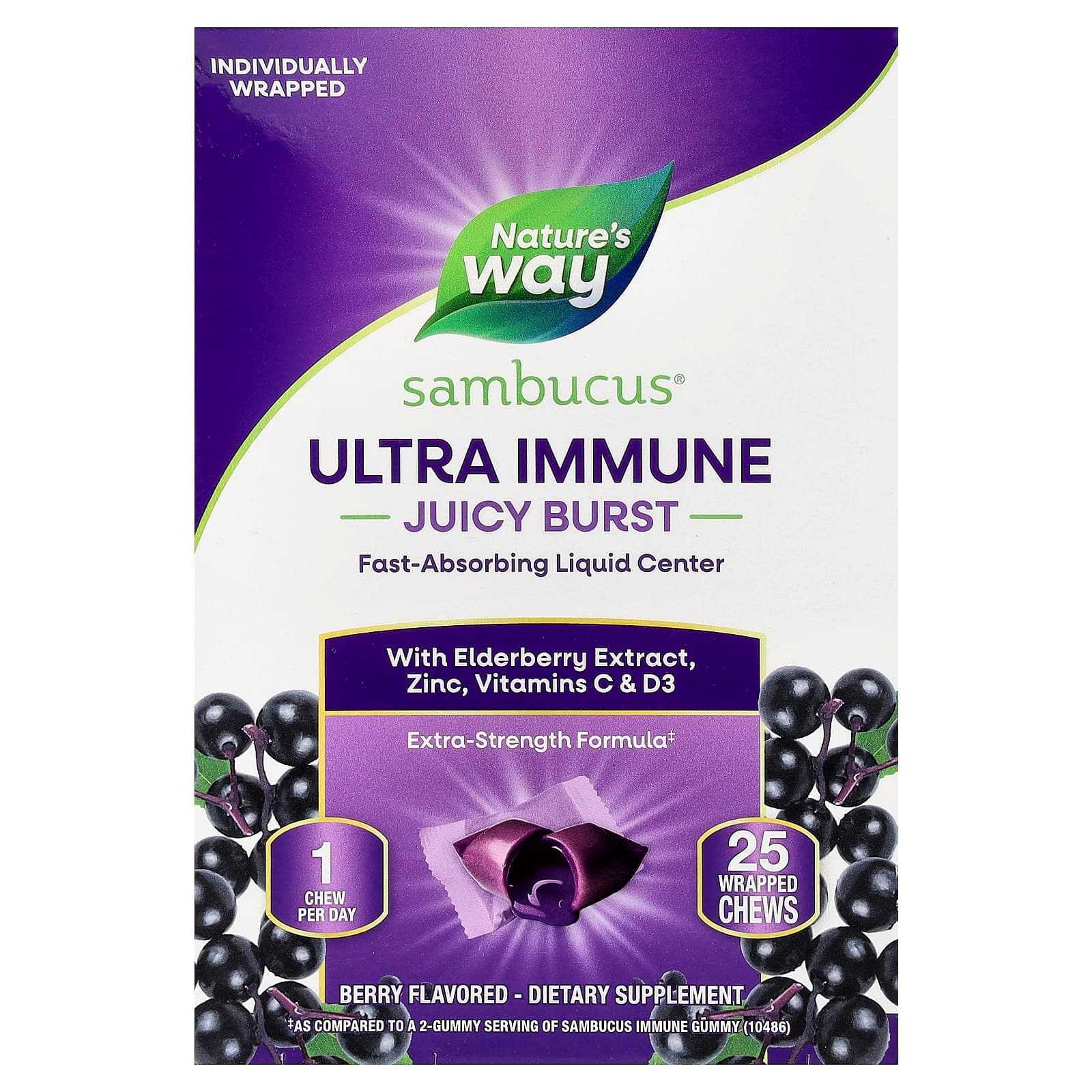 Nature's Way Sambucus Ultra Immune Juicy Burst, 25 Wrapped Chews – Berry de Nature's Way