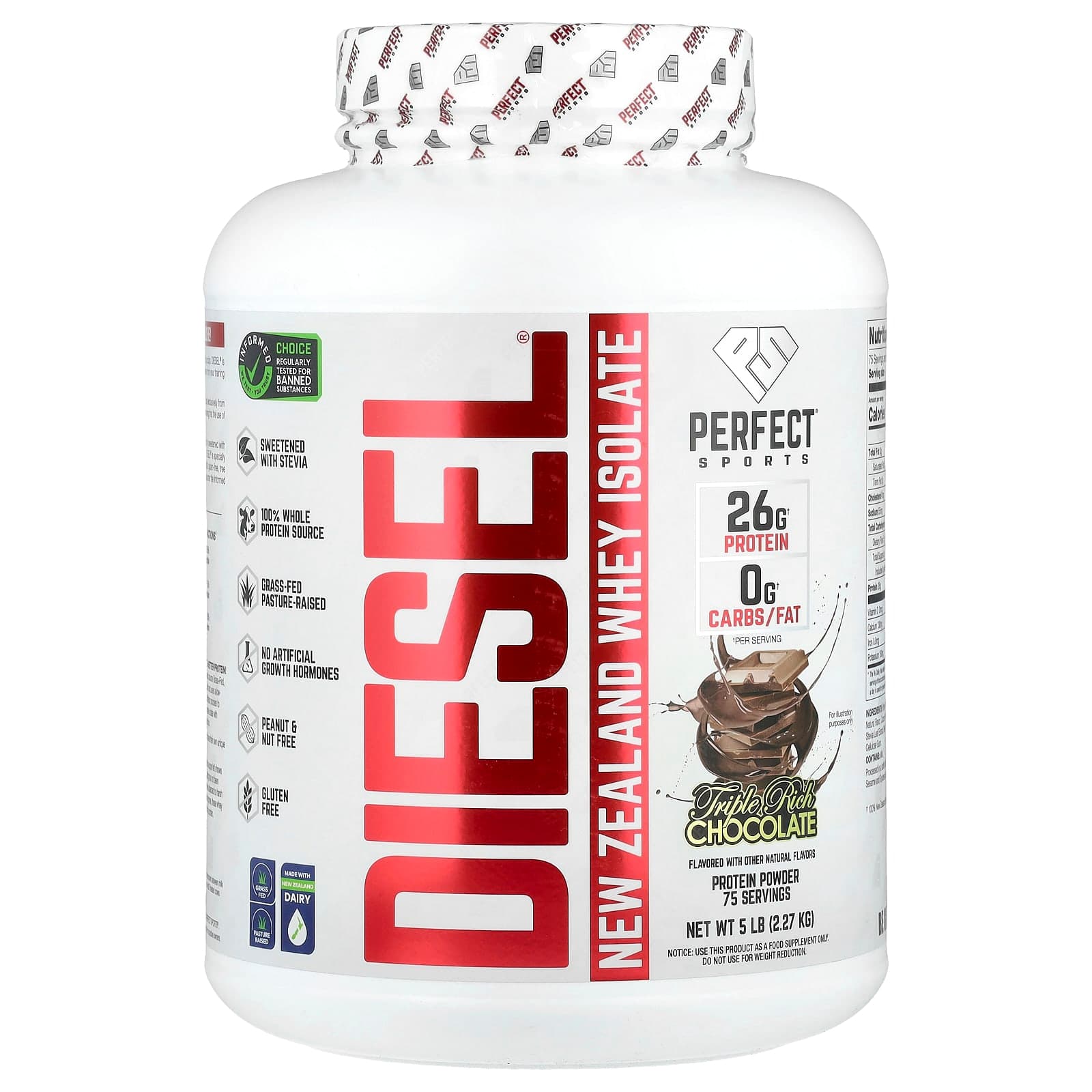 PERFECT Sports Diesel, New Zealand Whey Isolate – Triple Rich Chocolate – 2,27 g de PERFECT Sports