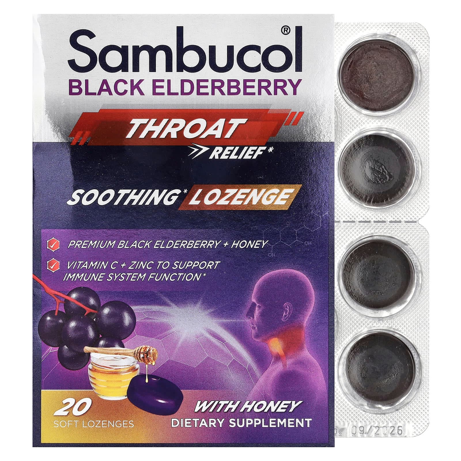 Sambucol Black Elderberry, Throat Relief, Soothing Lozenge With Honey, 20 Soft Lozenges – Black Elderberry de Sambucol