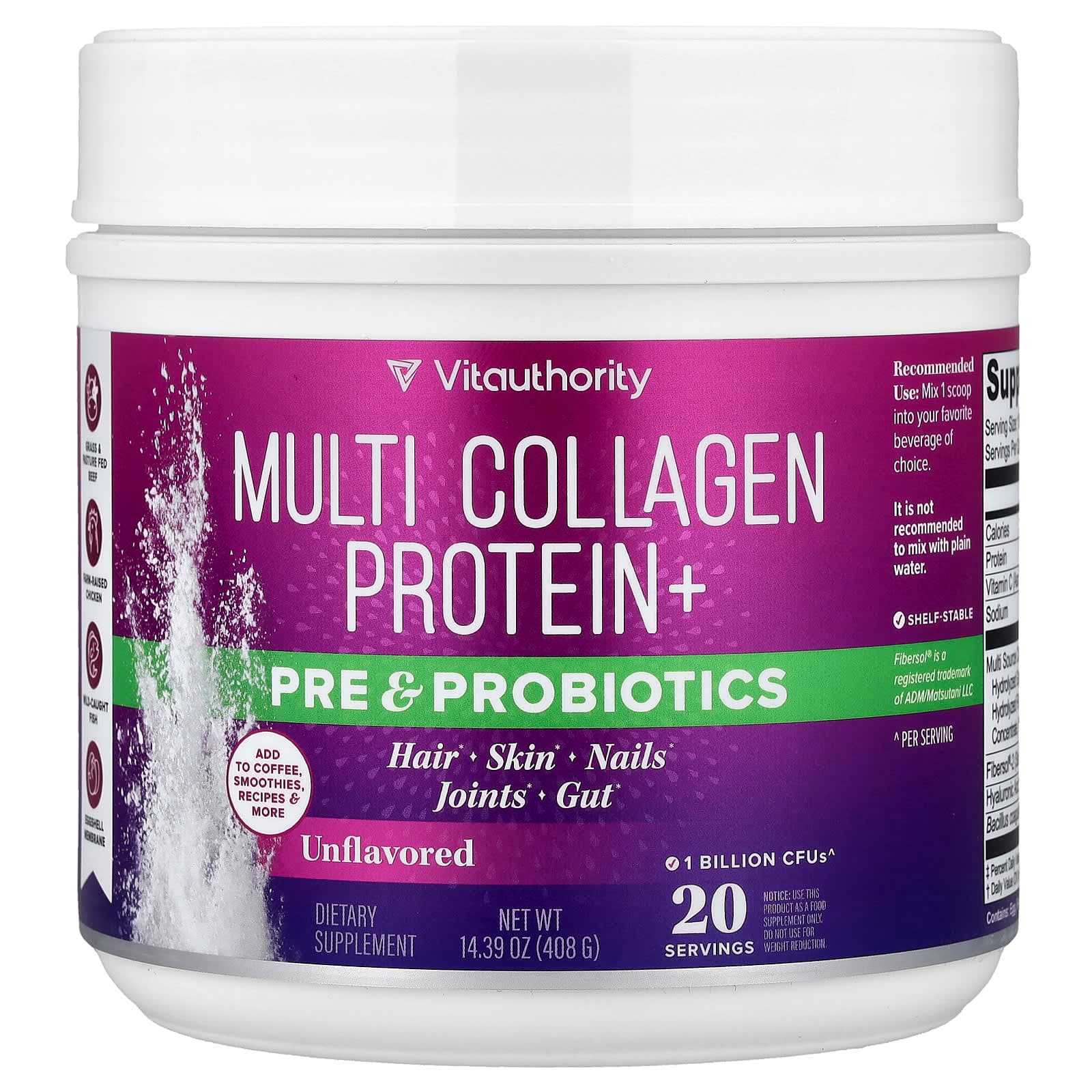 Vitauthority Multi Collagen Protein+ Pre & Probiotics – Sans arôme – 408 g de Vitauthority