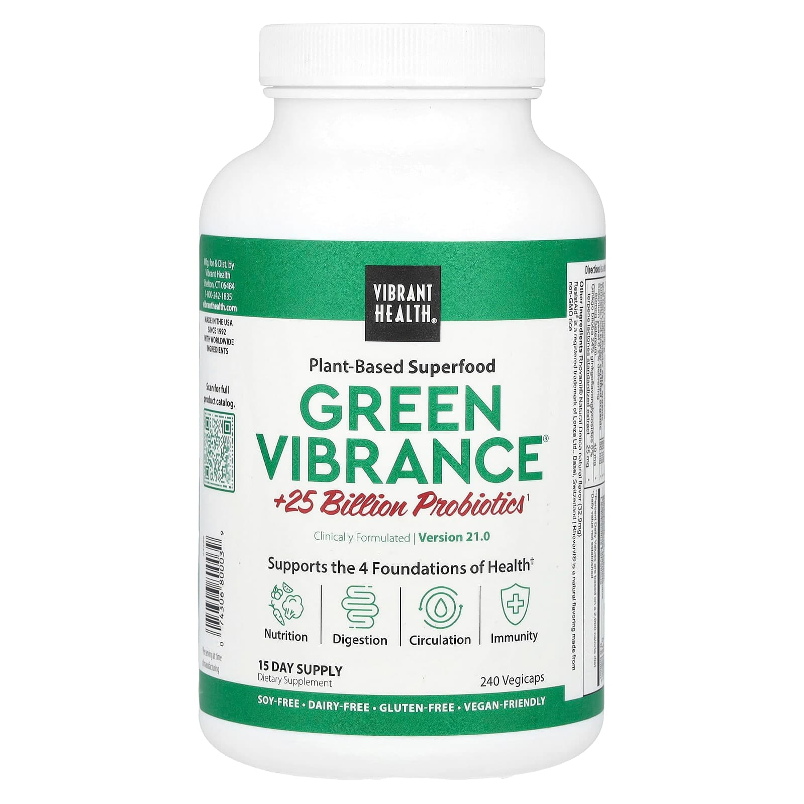 Vibrant Health Green Vibrance +25 Billion Probiotics, Version 21.0, 240 Vegicaps de Vibrant Health
