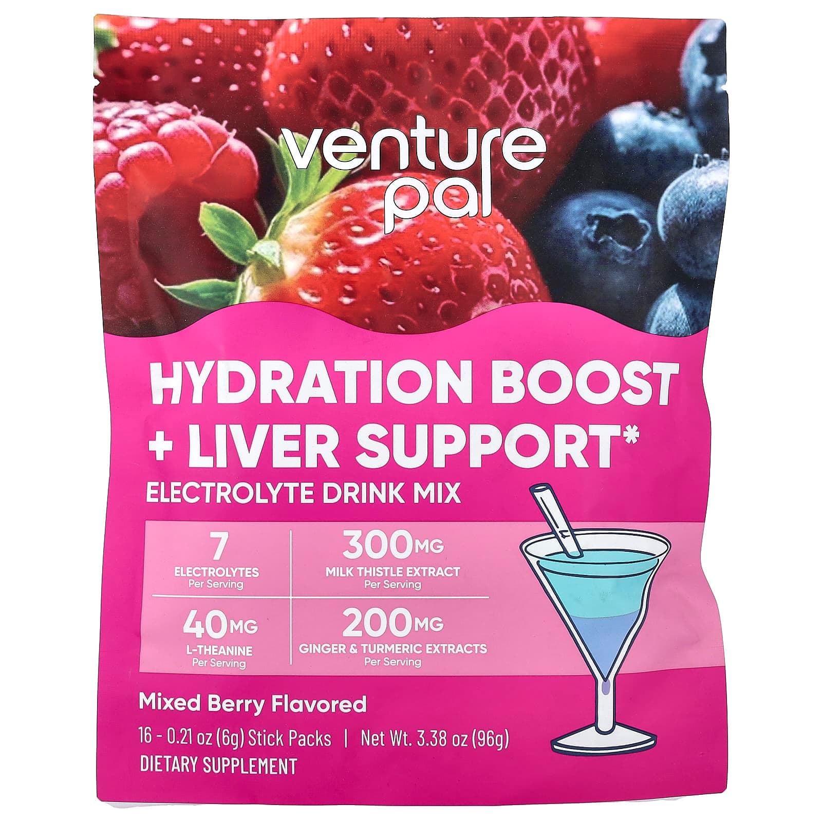 Venture Pal Hydration Boost + Liver Support, Electrolyte Drink Mix – Mixed Berry – 6 g de Venture Pal