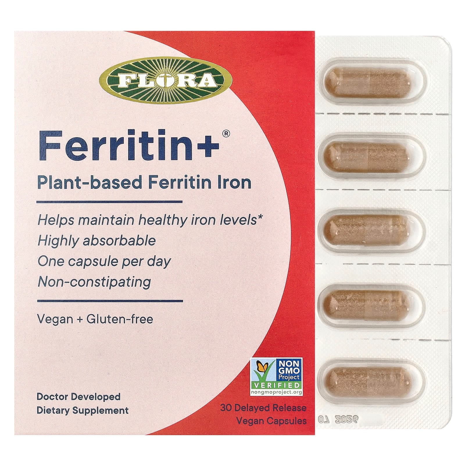 Flora Ferritin+, Plant-Based Ferritin Iron, 30 Delayed Release Vegan Capsules (20 mg per Capsule) de Flora