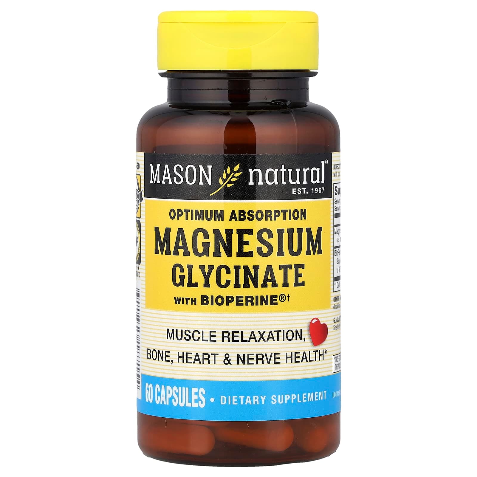 Mason Natural Optimum Absorption Magnesium Glycinate With BioPerine – 60 gélules de Mason Natural
